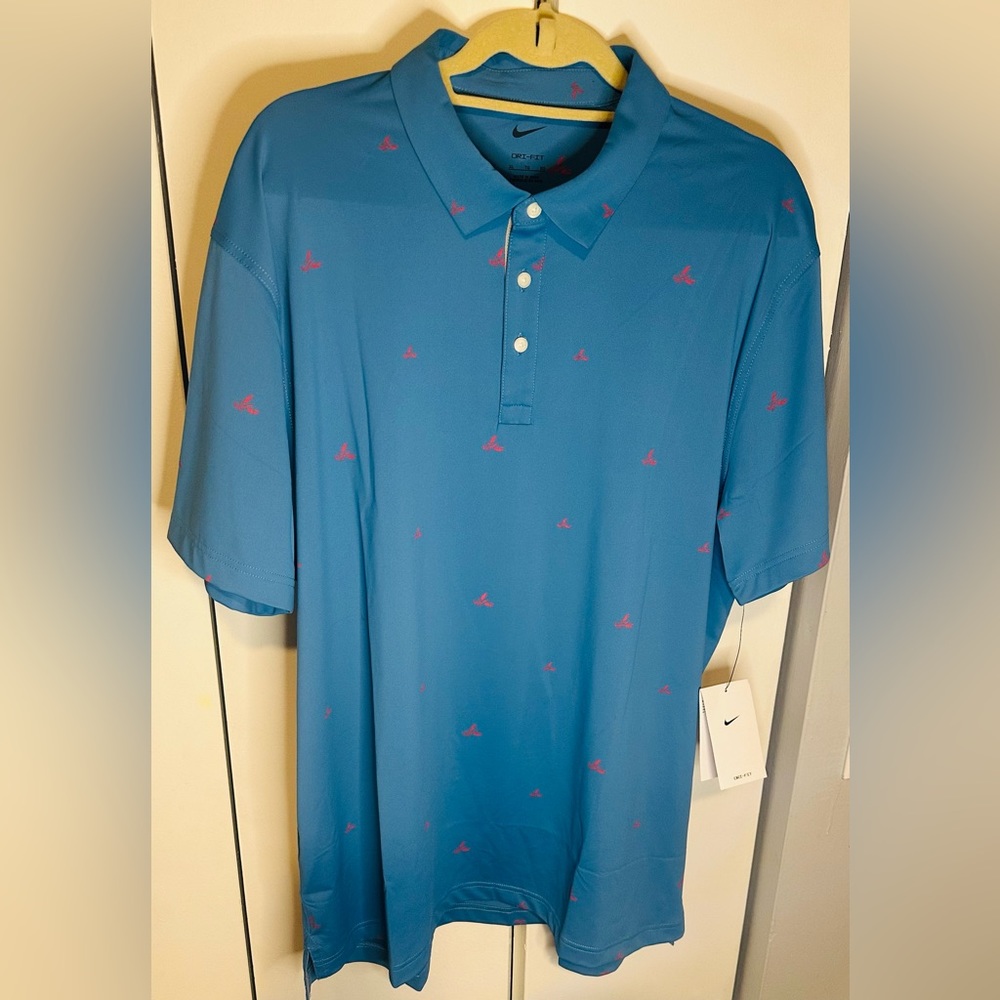 NIKE Dri-Fit Polo w/ Red lobster print on sea blue background. MEN -XL-NWT